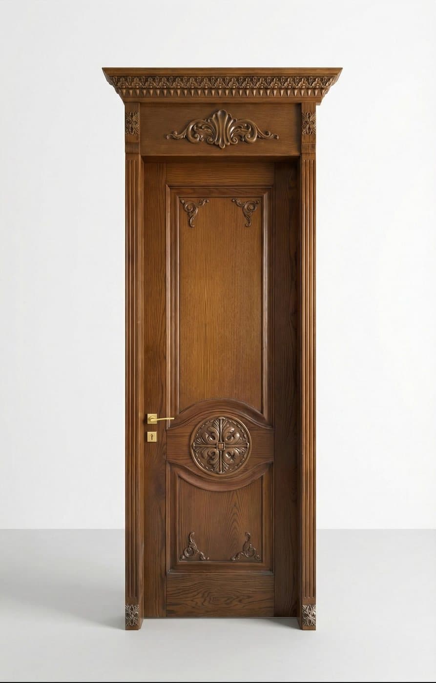 Carved classical timber door by Amaza Homes