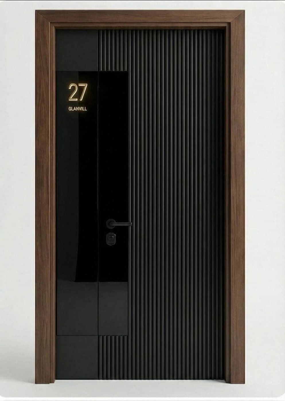 Fluted black entrance door by Amaza Homes