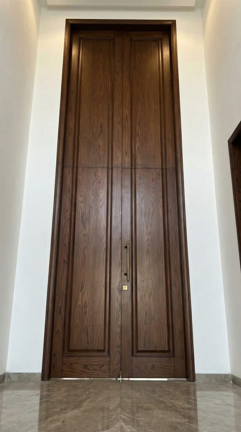 Tall walnut door with brass inlay by Amaza Homes, Karachi