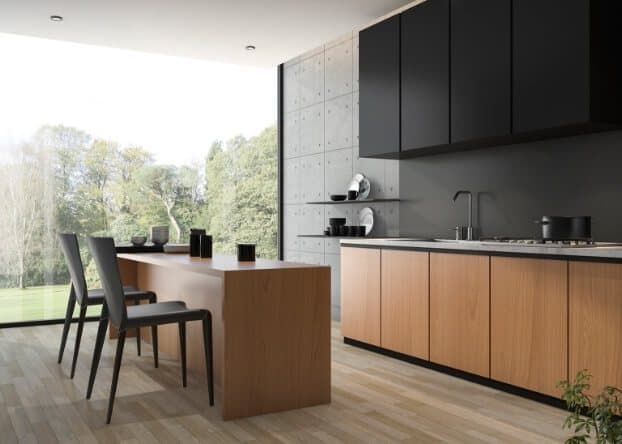 Chevron oak kitchen with garden outlook by Amaza Homes