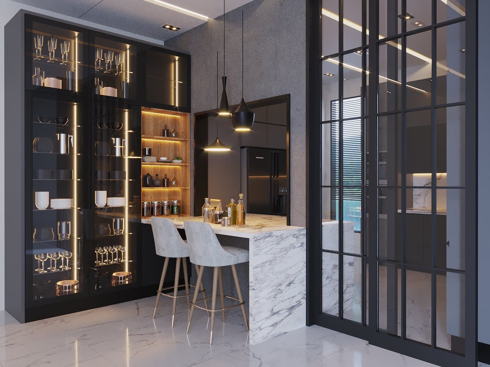 Glass-fronted graphite pantry and bar by Amaza Homes
