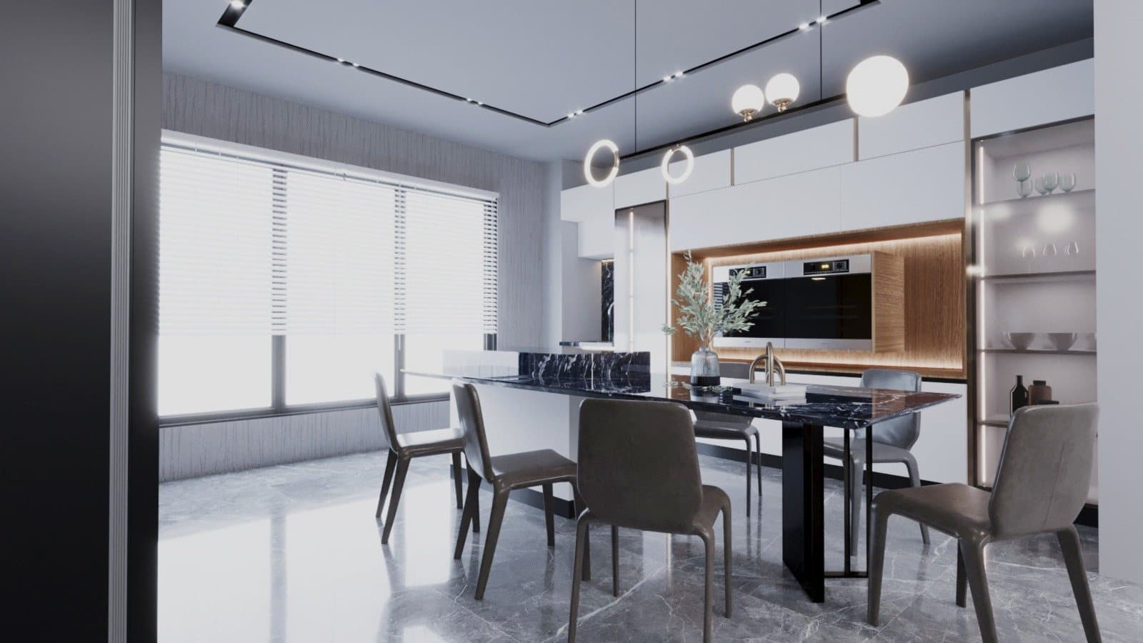 Monochrome bespoke kitchen with marble island by Amaza Homes