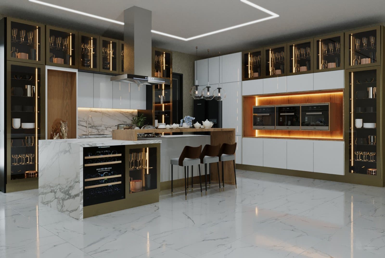 Italian-inspired kitchen with island and pendant lighting by Amaza Homes