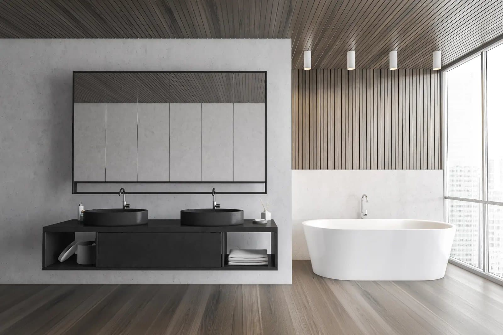 Stone and white bathroom vanity by Amaza Homes